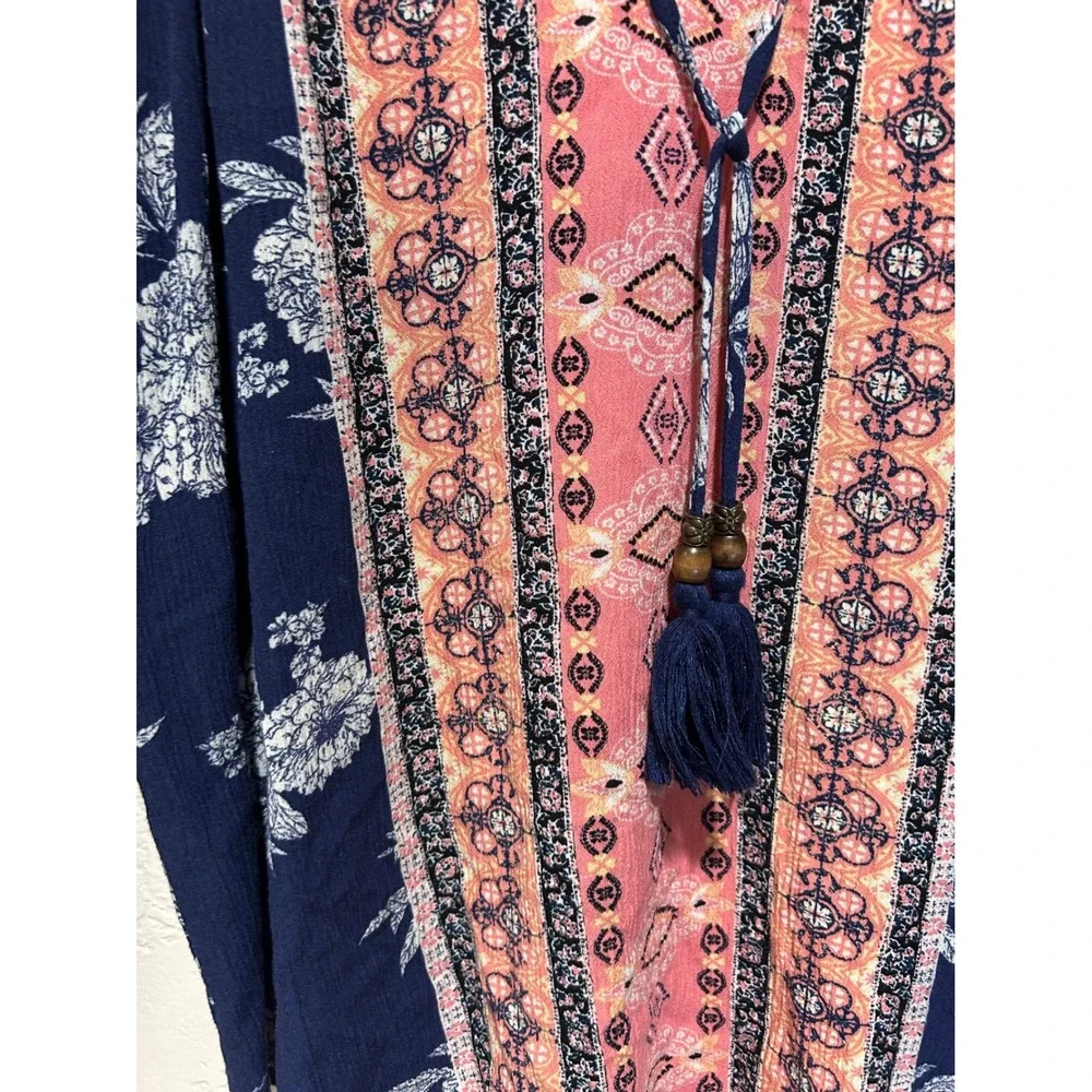 Mason & Belle Womens Navy Blue Floral‎ Geometric Tassel Boho Blouse small